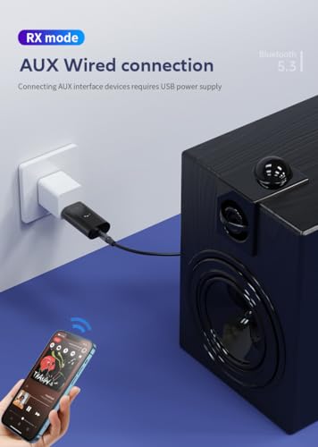 Bluetooth 5.3 Transmitter/Receiver, 3.5 mm Auxiliary Wireless USB Adapter | Low latency, built-in microphone, hands-free calling, no drivers required—suitable for TVs, computers and speakers
