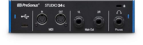 PreSonus Studio 24c 2×2 USB-C Audio/MIDI Interface + Studio One Artist DAW + Cardioid Condenser Microphone Kit with XLR Cable Shockmount Pop Filter Mic Stand and Headphones Bundle
