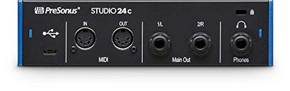 PreSonus Studio 24c 2×2 USB-C Audio/MIDI Interface + Studio One Artist DAW + Cardioid Condenser Microphone Kit with XLR Cable Shockmount Pop Filter Mic Stand and Headphones Bundle