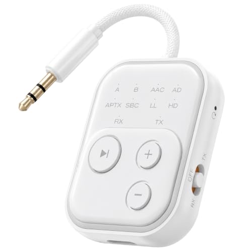 Bluetooth 6.0 Audio Transmitter Receiver, Bluetooth Adapter for TV/Airplane | Dual Link for 2 Headphones, Qualcomm aptX LL, HD, 3.5mm AUX Audio Transmitter for Flight Trave, Gym, Low Latency - color: White