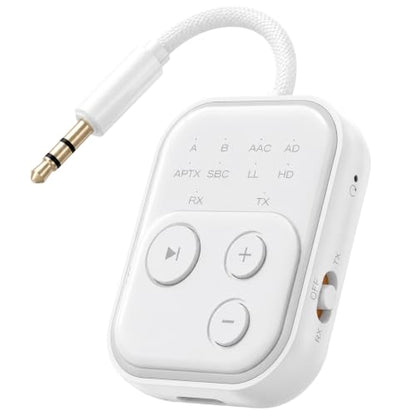 Bluetooth 6.0 Audio Transmitter Receiver, Bluetooth Adapter for TV/Airplane | Dual Link for 2 Headphones, Qualcomm aptX LL, HD, 3.5mm AUX Audio Transmitter for Flight Trave, Gym, Low Latency - color: White
