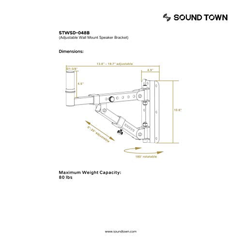 Sound Town 2-Pack Adjustable Wall Mount Speaker Brackets with 180-degree Swivel (STWSD-048B) - size: 048B