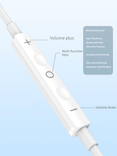 Wired Earphones with Volume Control, White, 3.5mm Jack&USB-C, Built-in Microphone, Stereo Sound, Compatible with Mobile Devices Suitable for iPhone, Samsung, Computers, laptops, and Students (USB-c)