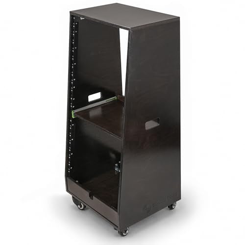 Sound Town DIY Slanted 20U Studio Rack (12U Top + 8U Lower) with 2U Bottom Storage, Slide-Out Tray, Casters, for Home Studio and Recording Room, Birch Plywood, Black Espresso (SDRK-ST20TD) - size: 20u(12u Top + 8u Lower),Black Espresso