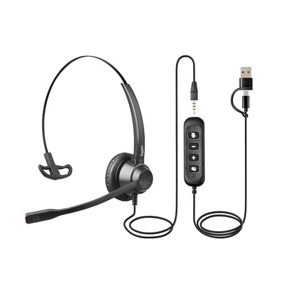 X1 Single Ear Office Headset with USB-C/A & 3.5mm - Noise Cancelling Mic, Inline Volume & Mute Control - Wired Call Center Headset for PC Laptop Phone Zoom Teams