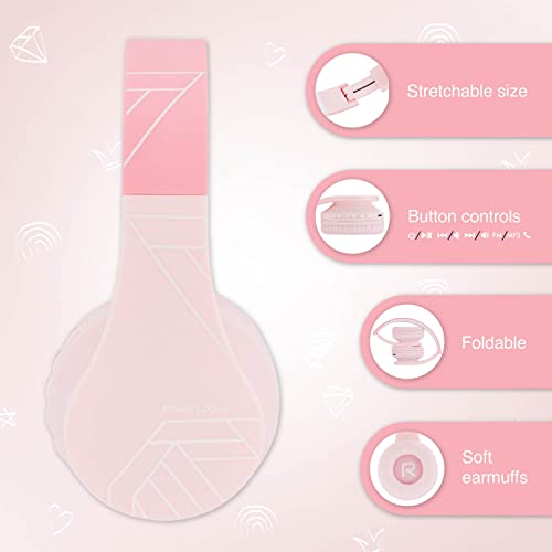 PowerLocus Bluetooth Headphones for Kids, Wireless Foldable Headphones Over Ear, Headphone with Microphone, 85DB Volume Limit, Wireless and Wired Headset with Micro SD, FM for Cellphones, Tablets, PC - color: Pink