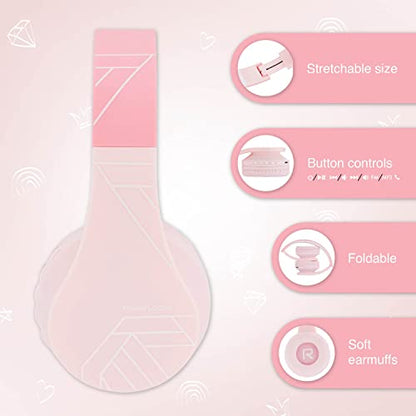 PowerLocus Bluetooth Headphones for Kids, Wireless Foldable Headphones Over Ear, Headphone with Microphone, 85DB Volume Limit, Wireless and Wired Headset with Micro SD, FM for Cellphones, Tablets, PC - color: Pink