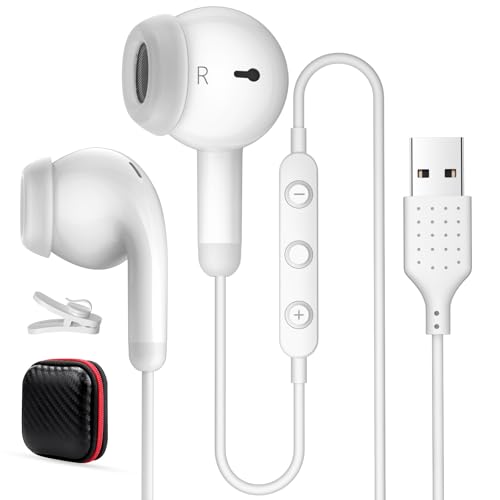 USB Earbuds for PC,Headphones with Microphone for Computer,White - color: White