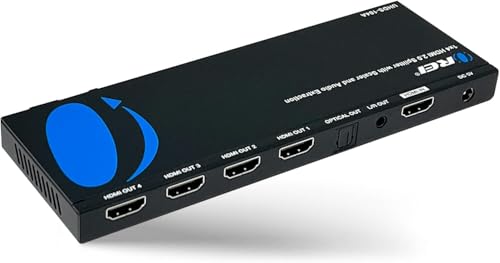 OREI 1x4 2.0 HDMI Splitter with Scaler Audio Extractor 4 Ports with Full Ultra HDCP 2.4K at 60Hz & 3D Supports EDID Control - UHDS-104A | Supports audio de-embedding from HDMI signal source to optical and analog audio output ports. Supports analog audio P