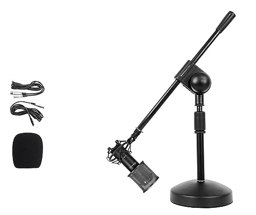 Rockville RCM01 Podcast Condenser Mic with RockPop Curve, RDMS70 Boom Stand | 25mm Cardioid, 30Hz-20kHz, 48V Phantom Power, XLR/3.5mm Cables, Shock Mount, Steel Round Desktop Base, Streaming, 3-Items