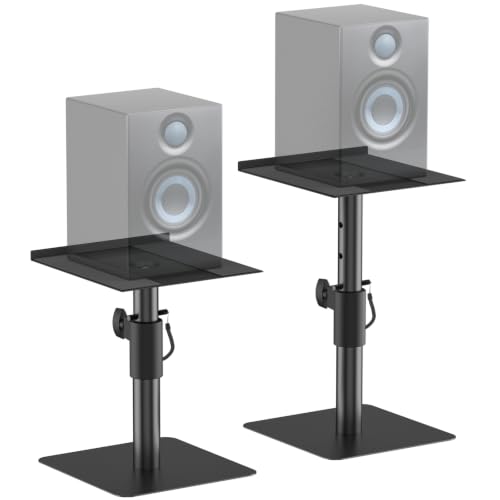 Studio Monitor Stands Pair, Height Adjustable Desktop Speaker Stands for Yamaha, PreSonus, JBL & KRK Monitors, Heavy Duty Steel Construction with Locking System, Anti-Wobble Design & Cable Management