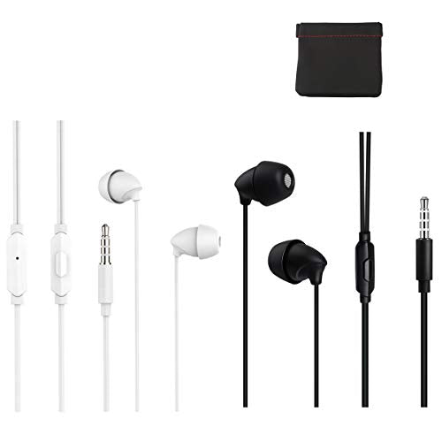 2Packs Sleep Headphones Wired 3.5mm Soft Silicone Earbuds, Black & White