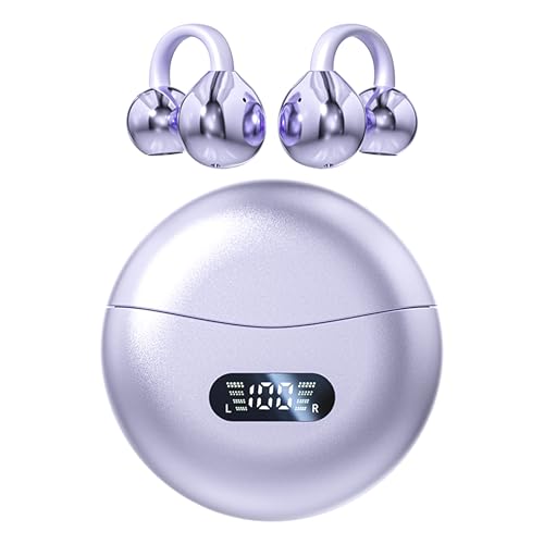 Open Ear Clip Headphones Wireless Earbuds Bluetooth 5.4 Sports Earphones Wireless Charging Case & LED Power Display Waterproof Fitness Headphones for Running (Purple) - color: Purple