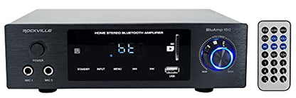 Rockville BluAmp 150 Home Stereo Bluetooth Amplifier Receiver, 75W x 2 | Optical/Phono/RCA Inputs, USB/SD Playback, 2 Mic Jacks for Karaoke, Class D, Remote Included
