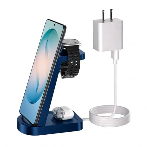 Wireless Charger for Samsung/Android, HOLYJOY 3 in 1 Fast Charging Station/Stand/Multi Charger for Samsung S26 Ultra/S25/Note 20, Travel Pad for Galaxy Watch 8/7/6/5/Active 2, for Buds(Blue) - color: Blue