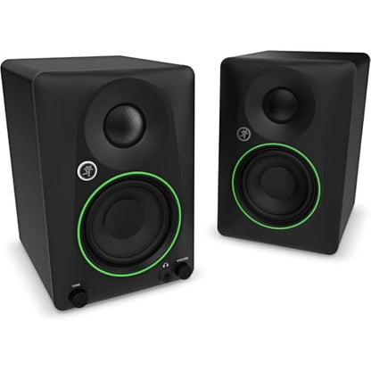 Mackie CR3.5 Creative Reference Powered 3.5" Studio Monitors Pair Black Bundle with Hosa Stereo 1/4" Male Phone to 1/4" Male Phone TRS Cable 10, Auray IP-S Isolation Pad for Studio Monitor (2-Pack)