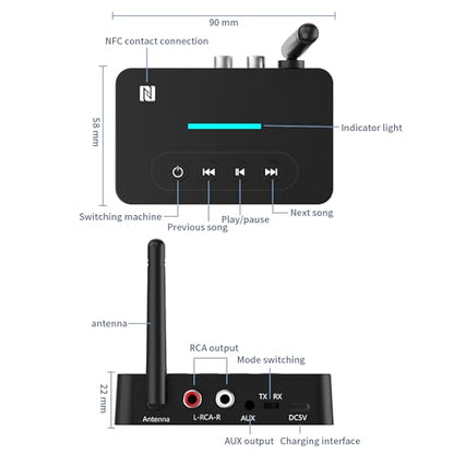 AUX Bluetooth Adapter for Home Stereo,NFC Wireless Audio Receiver for Music Streaming Sound System,TF Card Slot,USB, AUX/RCA Bluetooth Receiver Bluetooth Transmitter 2 in 1