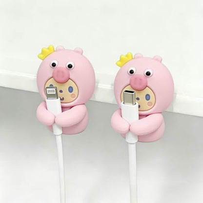 Adorable Pink Piggy with Crown Cable Organizer (2-Pack), Cute Cartoon Cable Clips, Self-Adhesive Wire Holder for Desk, Nightstand, Home & Office Cable Management - color: pink-1