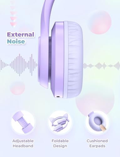 iClever HS20 Kids Headphones for Toddler Girls, Cat Ear LED Light Up School | SafeSound Tech, 3.5mm Wired Foldable FunShare, Stereo Sound, Over-Ear Headphones for Kids for iPad/Tablet/Travel/Gift, Purple - color: Purple