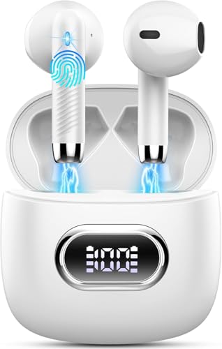 Wireless Earbuds, Bluetooth Headphones, Stereo Bass Ear Buds with ENC Noise Cancelling Mics,42H Bluetooth Earbuds with LED Display Charging Case, IP7 Waterproof Earphones for Android iOS/Glass white - color: Glass white