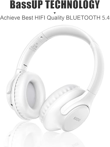 KVIDIO Bluetooth Headphones Over Ear, 65 Hours Playtime Wireless Headphones with Microphone, Foldable Lightweight Headset with Deep Bass, HiFi Stereo Sound Low Latency for Laptop PC Cellphone - color: White
