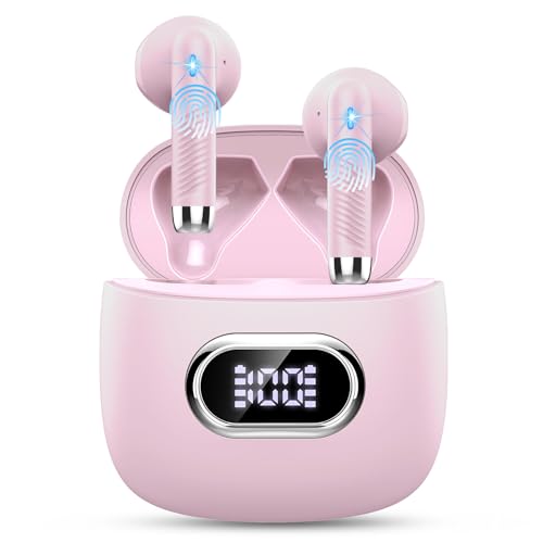 Wireless Earbuds, Bluetooth Headphones, Stereo Bass Ear Buds with ENC Noise Cancelling Mics,42H Bluetooth Earbuds with LED Display Charging Case, IP7 Waterproof Earphones for Android iOS/Light pink - color: Light pink