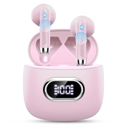 Wireless Earbuds, Bluetooth Headphones, Stereo Bass Ear Buds with ENC Noise Cancelling Mics,42H Bluetooth Earbuds with LED Display Charging Case, IP7 Waterproof Earphones for Android iOS/Light pink - color: Light pink