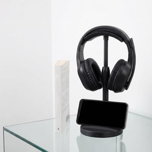 Housoutil Universal Headphone Stand with Phone Holder, Dual Slot Design Plastic Headset Rack for Home Office and Gaming Desks, Portable Organizer for Headphones and Cellphones