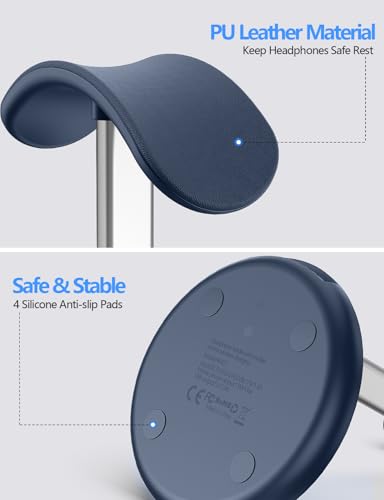 Miroddi Headphone Stand with Wireless Charger, Independent USB Charging Port, 5 in 1 Charging Station Headset Holder Rack for iWatch, iPhone, Samsung and Desk All Headphones, Dark Blue - color: Dark Blue