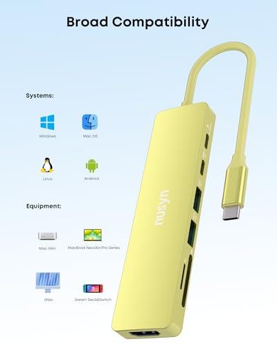7-in-1 USB C Hub with 4K@60Hz HDMI, 2 USB-A, 1 USB-C, 100W PD Charging, SD 3.0 /TF 3.0 Card Reader, Compatible with MacBook Pro/Air/Neo, iPad Pro, iMac, iPhone 15-17 (Citrus) - color: Citrus