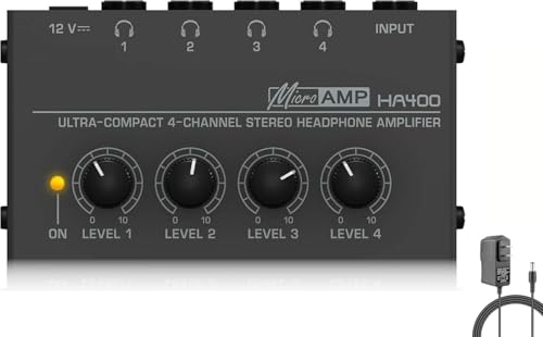 Headphone Amplifier, HA400 4-Channel Metal Stereo Audio Amplifier, Mini Earphone Splitter with DC 12V Power Adapter, HA400d1 for Sound Mixer PC Guitar Studio Stage - style: HA400