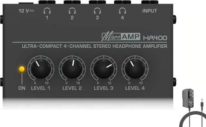 Headphone Amplifier, HA400 4-Channel Metal Stereo Audio Amplifier, Mini Earphone Splitter with DC 12V Power Adapter, HA400d1 for Sound Mixer PC Guitar Studio Stage - style: HA400
