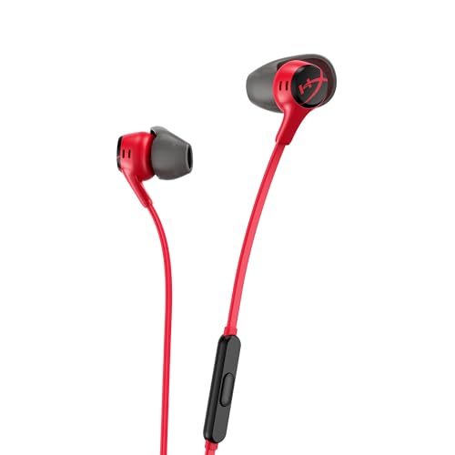 HyperX Cloud Earbuds II – 14mm Drivers, Four Eartips, Hard-Shell Carrying Case, Low-Profile 90° Plug, 3.5mm Plug, Built-in Microphone, Multi-Function Button, PC, Mobile, Nintendo Switch – Red - color: Red