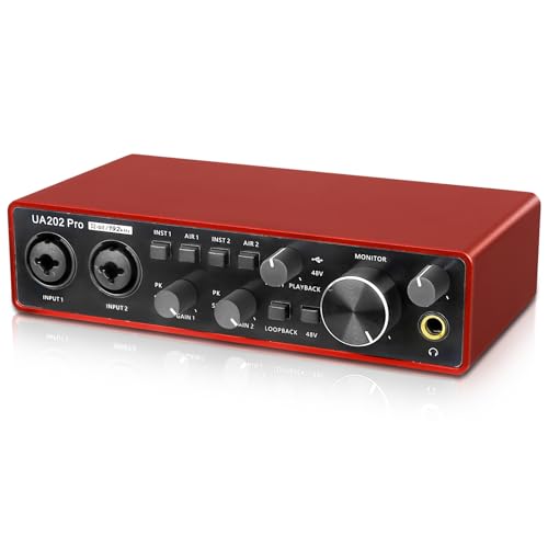 USB Audio Interface for Computer Recording Music(Red), 2 Channel Guitar Audio Interface, 32Bit/192kHz Podcasting Streaming with 48V Phantom Power