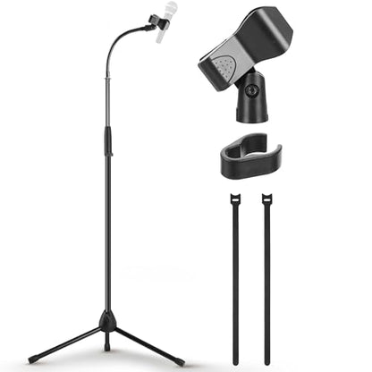 Pyle Tripod Mic Stand, Adjustable Gooseneck Microphone Stand, Sturdy Build, Non-Slip Rubber Feet, Folds Flat for Compact Storage, Includes Mic Clip & 5/8" Adapter, 52.36" to 79.13" Inch