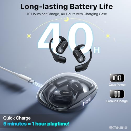Eonini Open-Ear Earbuds with Earhooks, LED Display Case, Lightweight & Secure Fit, All-Day Comfort, Stay-Aware Design, Clear Calls, 40H Playtime, IPX5 Waterproof Bluetooth 5.3 for Running, Gym - color: Black
