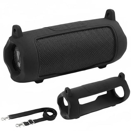 Silicone Cover Compatible with JBL Flip 7 Waterproof Portable Speaker with Shoulder Strap (Black) - color: Black