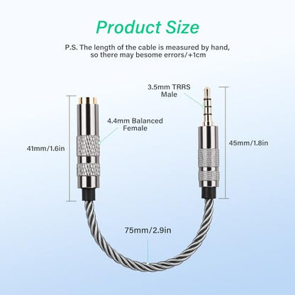 SinLoon 4.4mm Female to 3.5mm TRRS Male Audio Adapter Cable, Gold Plated OFC Braided Converter, Support Microphone for HiFi DAP & Calls (Cool Grey)