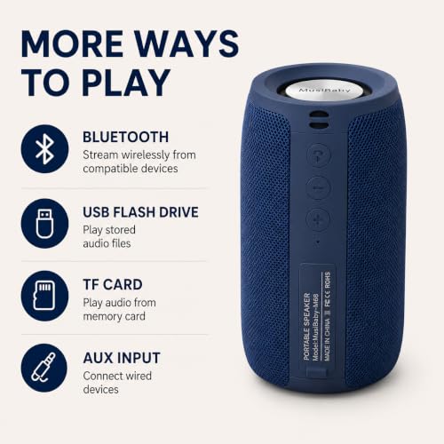 Musibaby M68 Bluetooth Speaker, 12W, IPX5, 24H Playtime, Dark Blue | Portable, small and compact with USB playback, AUX input, FM radio, TF card playback, up to 24H and dual pairing. - color: Dark Blue