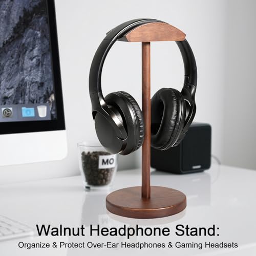 Walnut Wood Headphone Stand for Desk, Heavy Duty Wooden Headset Stand, Wide Compatibility Gaming Headset Hanger Holder, Stylish Desk Accessories for Home & Office