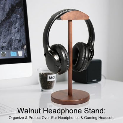 Walnut Wood Headphone Stand for Desk, Heavy Duty Wooden Headset Stand, Wide Compatibility Gaming Headset Hanger Holder, Stylish Desk Accessories for Home & Office