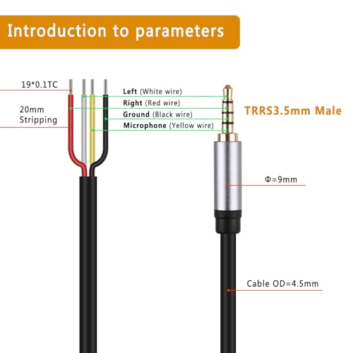HIEbee Replacement 3.5mm 1/8" TRRS Stereo Male Plug to Bare Wire Open End Audio Cable for Headphone Headset Earphone