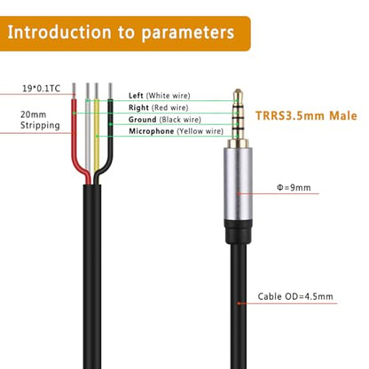 HIEbee Replacement 3.5mm 1/8" TRRS Stereo Male Plug to Bare Wire Open End Audio Cable for Headphone Headset Earphone