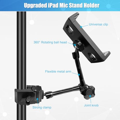 JCWINY Tablet Holder for Mic Stand, Adjustable iPad Mic Stand Mount, Tablet Holder with Clamp Mount for Pole Desk Kitchen Cabinet, Compatible with 4.7 to 12.9" iPad, iPhone, Android Smartphones - size: 11 Inch Arm
