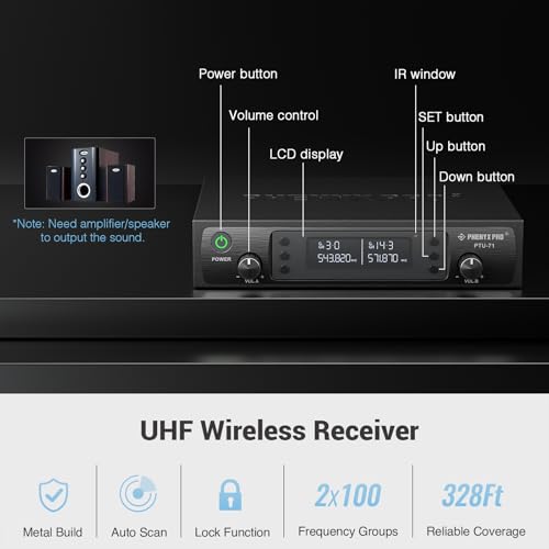 Phenyx Pro Dual UHF Auto Scan Headset/Lapel Wireless Microphones PTU-71-2B | 2 Bodypacks, 2 x 100 Frequencies, Hands-Free Speaking, Live Vocals, Worship Services, DJ Sets