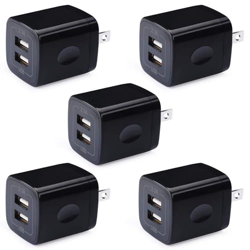 Phone Charger Box, 5Pack 2.1A Dual Port USB Wall Charger Plug Cube Power Adapter for iPhone Air 17 16e 16 15 14 13 12 11 XS XR X,iPad,Samsung Galaxy A16 S25 S24 S23 S22 S21 S20 A15,Google Pixel 10 9 8 - color: Black