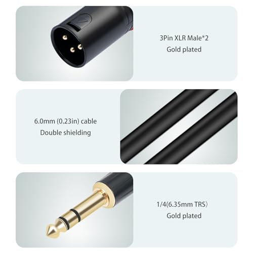 1/4 TRS to Dual XLR Male Y-Splitter Stereo Breakout Cable 1/4 inch(6.35mm) to 2 XLR Patch Cable 10FT - size: 10FT