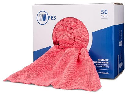 Microfiber Wholesale Microfiber Shop Towels | MWipes Reusable Red Shop Rags | 50 Rags in a Box | Super Absorbent, Machine Washable Hundreds of Times | Automotive, Paint, Industrial, Detailing - color: Red