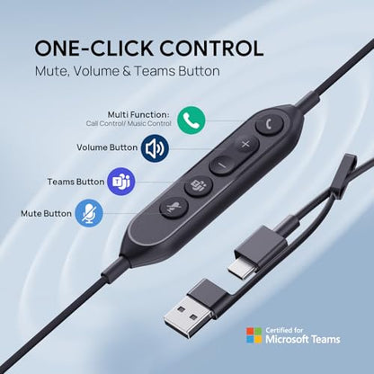 Yealink UH46 Wired Headset,USB-C/A,3-Mic AI Noise Cancelling,Inline Control | Dual-Ear Headphones,Teams/Zoom Certified,Plug & Play for PC/Laptop/Phone, 7ft Cable, Call Center, Work from Home, Dynamic EQ