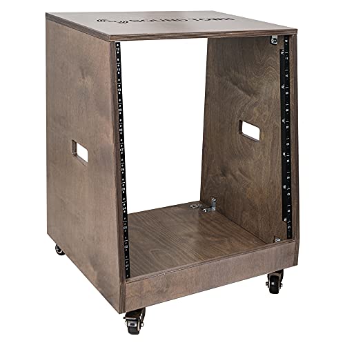 Sound Town DIY Solid Baltic Birch Plywood Slanted 12U Studio Rack, Weathered Brown, Rubber Feet, Casters (SDRK-12TB) - size: 12U,Weathered Brown